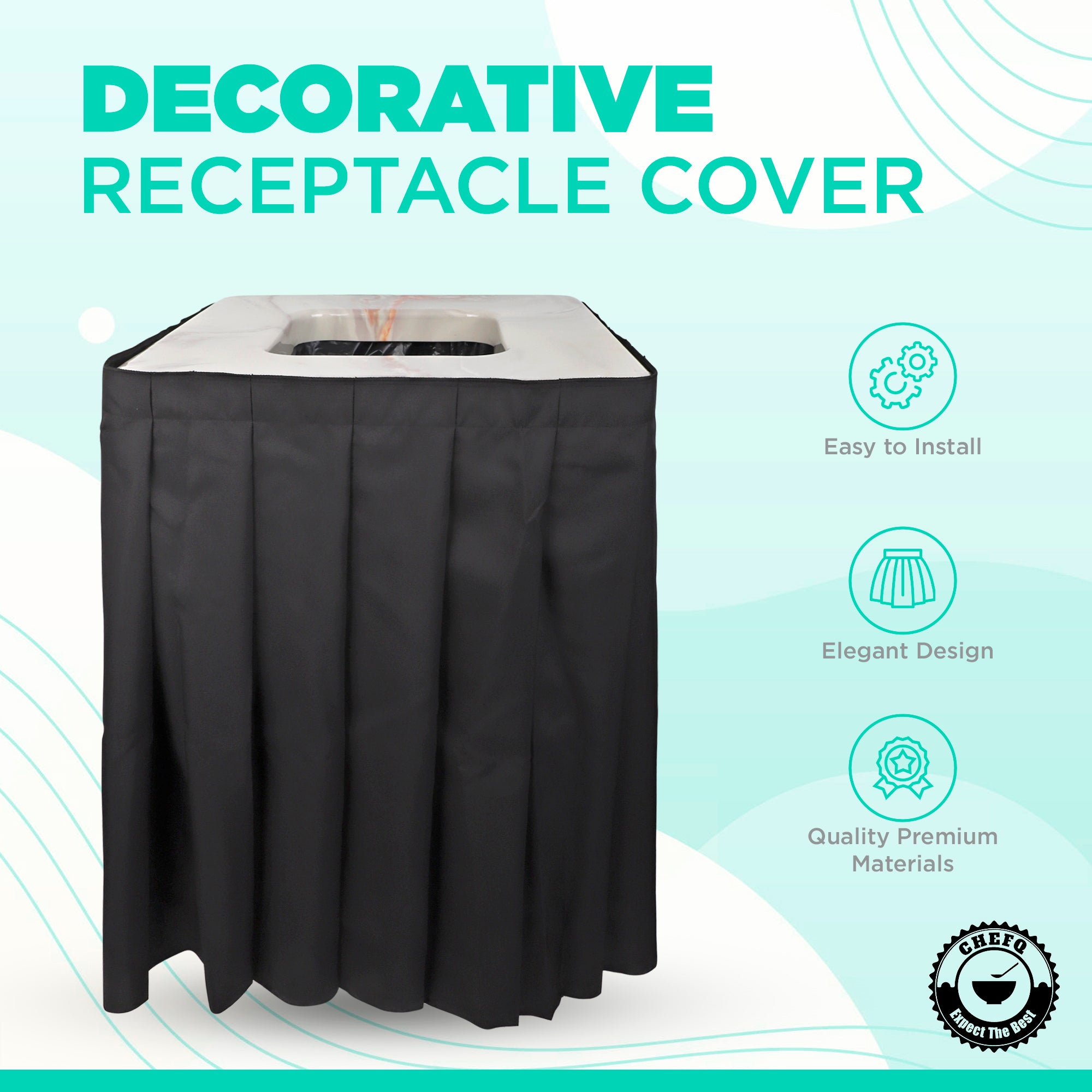 Square Black Garbage Can Cover - Solid Pleated Skirt Topper for 32-35 Gallon Indoor Garbage Cans Trash Bins, Waste Container Without Wheels - Ideal for Birthday Party, Events, Residential Use