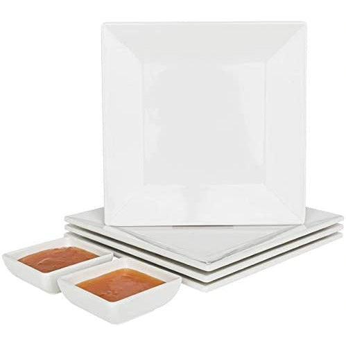 Square White Melamine Plates,  8" x 8" (4 Pack) Set With 2 Sauce Dish