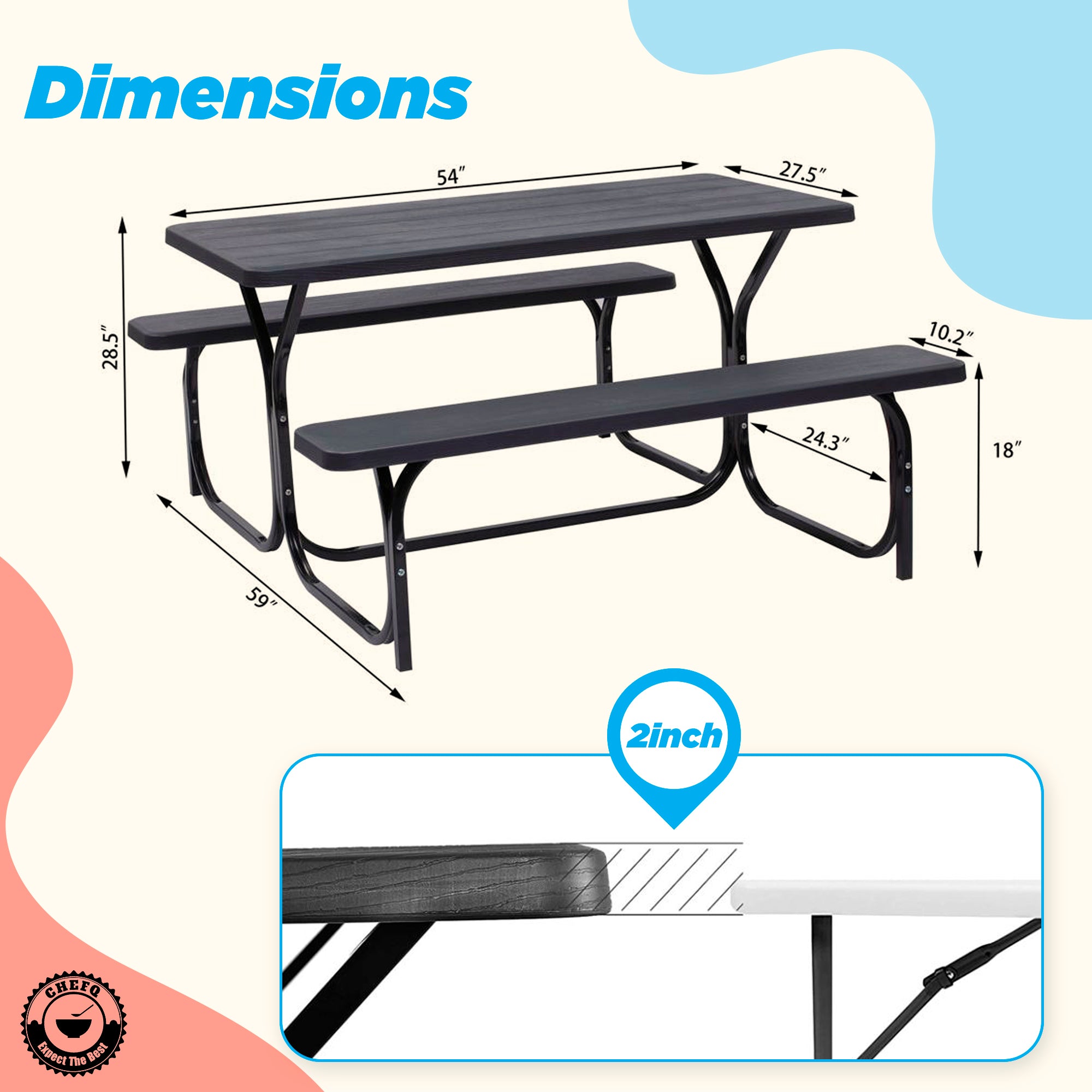 CHEFQ Picnic Table Bench Set Outdoor Camping All Weather Metal Base Wood-Like Texture Backyard Poolside Dining Party Garden Patio Lawn Deck Large Camping Picnic Tables for Adult