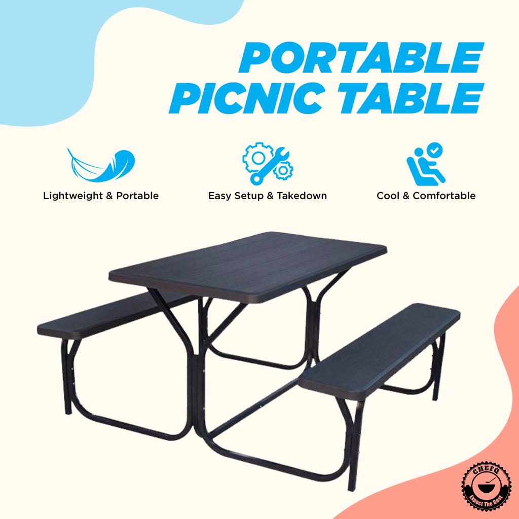 CHEFQ Picnic Table Bench Set Outdoor Camping All Weather Metal Base Wood-Like Texture Backyard Poolside Dining Party Garden Patio Lawn Deck Large Camping Picnic Tables for Adult